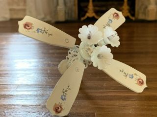 1980s Miniature Dollhouse Artisan CEILING FAN Hand Painted Flowers Wired Lights 3