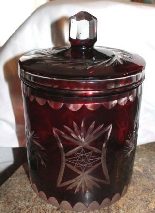 Antique Bohemian Cut To Clear Ruby Red Crystal Biscuit Jar Cookie Jar - L