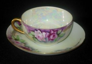 Antique Hand Painted Tea Cup Saucer Pink Mauve Roses 1920