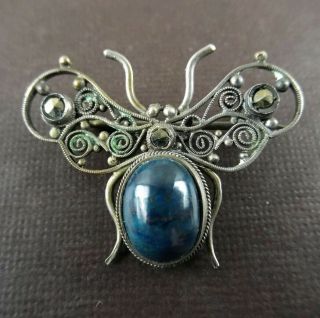 Antique Italy Sterling Lapis Lazuli Marcasite Brooch Bug Insect