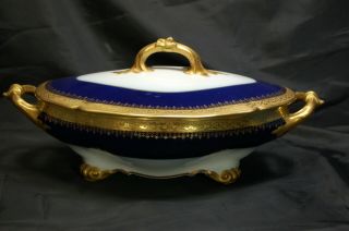 Antique L.  Bernardaud Limoges Blue Cobalt & Gold Covered Casserole Dish