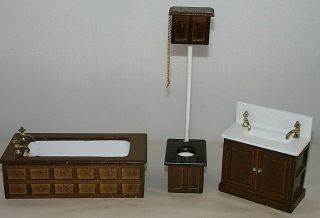 Set Of Vintage Dollhouse Miniatures Wood Bath Tub Sink Toilet 11