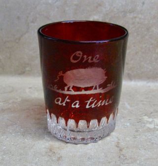 Antique Ruby Flash Shot Glass Featuring Razor Back Ho Pig Dated 1897