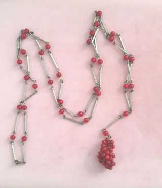 Long Antique Vintage Dark Red Glass Bead Necklace With Chrome Links 1920s