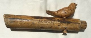 Antique Hand - Carved Wooden Bird Whistle Signed 1900 Unique Folk Art Bird Spins