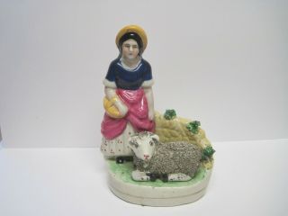 Antique Staffordshire Pearlware Figurine Figure Circa 1860 Girl W Grey Sheep