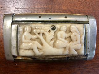 Antique German 1800s Stag Horn Snuff Box With Intricate Carved Lid