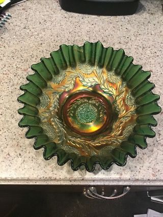 Scarce Antique Fenton Art Glass Ten Mums 6 Ruffled Bowl In Green Nr