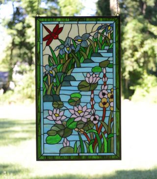 20.  5 " X 34.  5 " Decorative Handcrafted Stained Glass Window Panel Dragonfly Lotus