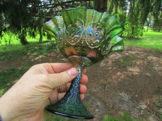 Fenton Persian Medallion Antique Carnival Glass Compote Green Tough Color