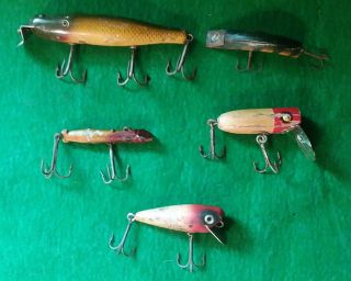 Vintage Wooden Fishing Lures 2 Or 3 Hooks On Set Of 5 D