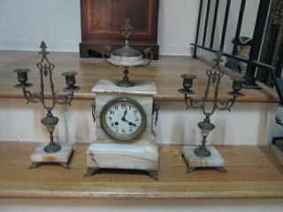 Antique French 3 Pc.  White Onyx/marble Clock Set Signed S.  Mardi