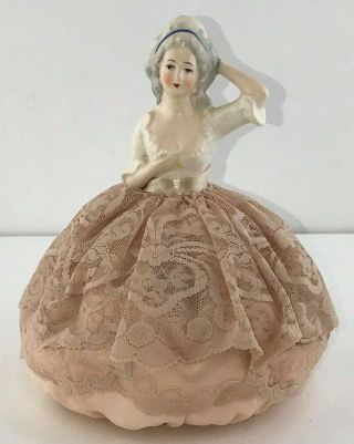 Antique Porcelain Ornate Half Doll Pin Cushion Pompadour Lady With Hand In Hair