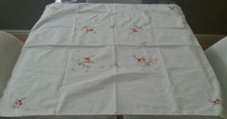 Vintage White Cotton & Hand Embroidered Floral Tablecloth 31 " X 31 "