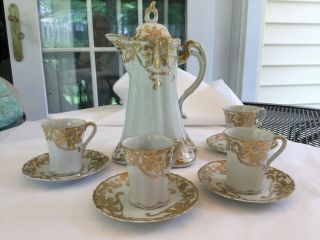 Antique Nippon Hand Painted Chocolate Pot With 4 Cups / Saucers Heavy Gold Trim