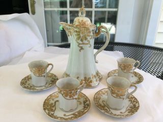 ANTIQUE NIPPON HAND PAINTED CHOCOLATE POT WITH 4 CUPS / SAUCERS HEAVY GOLD TRIM 3