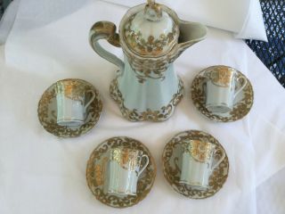 ANTIQUE NIPPON HAND PAINTED CHOCOLATE POT WITH 4 CUPS / SAUCERS HEAVY GOLD TRIM 5