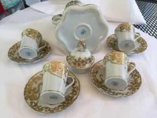 ANTIQUE NIPPON HAND PAINTED CHOCOLATE POT WITH 4 CUPS / SAUCERS HEAVY GOLD TRIM 7