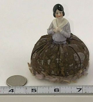 Antique Miniature German Porcelain 3 1/2 " Pincushion Half Doll Lady In Purple