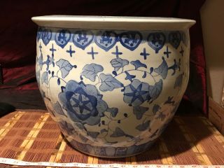 Asian Porcelain Hand Painted Blue & White Planter / Fish Bowl Jardiniere 14 " X12 "