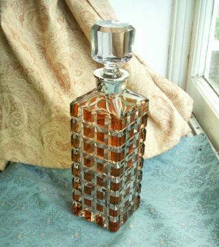 Old Antique Art Deco Cut Crystal Amber Glass Sterling Silver Decanter Spanish 2