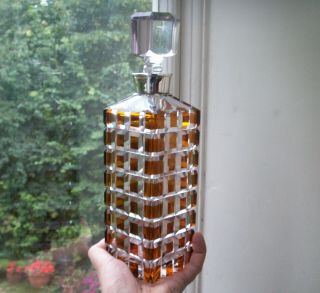 Old Antique Art Deco Cut Crystal Amber Glass Sterling Silver Decanter Spanish 5