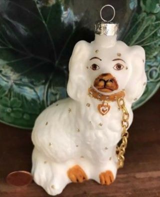 Staffordshire Dog Glass Ornament ✨ Gold Chain & Heart Charm Collar ✨ Antique