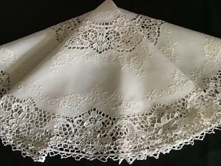 GORGEOUS ANTIQUE IRISH LINEN TABLE COVER NEEDLE LACE TRIM/INSERTS EMBROIDERY 6