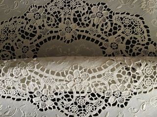 GORGEOUS ANTIQUE IRISH LINEN TABLE COVER NEEDLE LACE TRIM/INSERTS EMBROIDERY 7