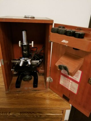 Antique Bausch & Lomb Microscope,  1951,  Usa Made,  Wood Case And Key