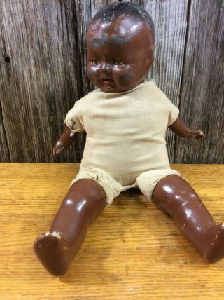 Antique Pressed Metal Doll African American Stuffed Body