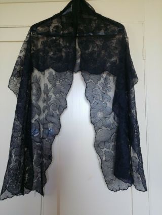 Victorian Black Handmade Lace Silk Tule Shawl Or Head Dress