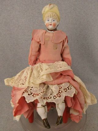 18 " Antique Bisque Shoulder Head German Parian Doll With Molded Hat & Feather