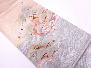 72694 Japanese Kimono / Antique Fukuro Obi / Woven Pine & Cranes