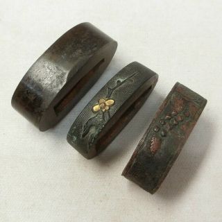 A453: Real Old Japanese Copper Fuchi For Tsuka Sword Mountings Three Piece 1