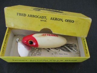 Vintage Fred Arbogast Jitterbug Red & White Fishing Lure & Booklet 7