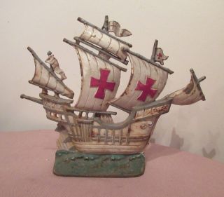 Large Antique Solid Cast Iron Painted Nautical Marine Sail Ship Boat Doorstop