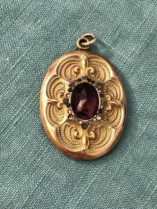 Antique Victorian Large Gold Filled Locket With Amethyst Center Stone