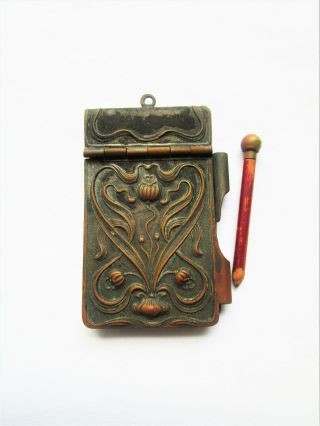 Antique Chatelaine Art Nouveau,  Brass Notebook & Pencil Aide - De - Memoire Chatelai