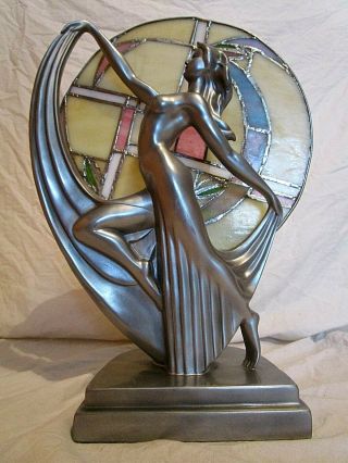 Art Deco Stained Glass Nude Lady Woman Chrome Figure Decorative Lamp Statue