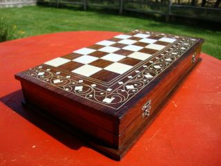 Antique Inlaid Hard Wood Folding Chess Board Hand Made Ebony & Ivory Color