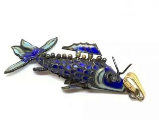 Antique Chinese Sterling Silver Blue Enamel Articulated Fish Filigree Pendant