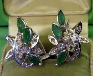 Vintage Palladium Art Deco Antique Colombian Emerald Diamond Earrings