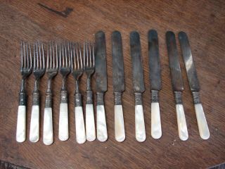 Antique 6 Knives & 6 Forks Mother Of Pearl Sterling Bands Meridian Cutlery Co Z