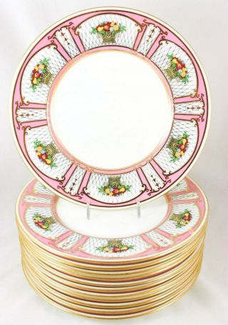 Set (s) 6 Dinner Plates Vintage Minton Bone China H3193 Pink Gold Fruit Basket