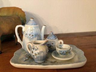 Antique German Doll Tea Set Hand Painted Forget Me Not Flowers Dollhouse