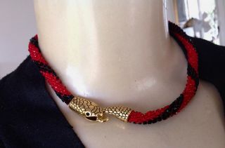 Ouroboros Vintage Necklace Antique Red & Black Beaded Flapper Rope W Snake Clasp