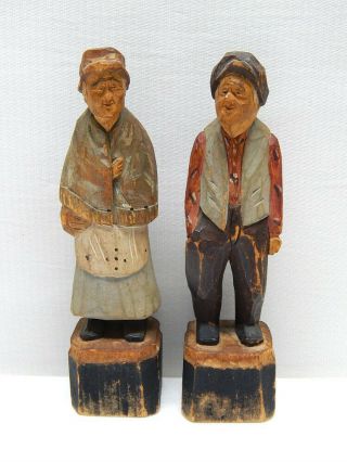 Pair Antique Quebec Wood Hand Carved Folk Art Peasants (habitant) Sgn Agnes Dube