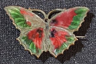 Red & Green Enamel Vintage Victorian Antique Butterfly Brooch
