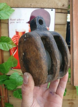 Vintage Wooden Ships Double Pulley Block Iron Hook Maritime Marine Nautical Boat